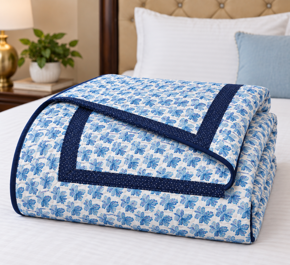 Sky Blue Palm Handcrafted Cotton Quilt