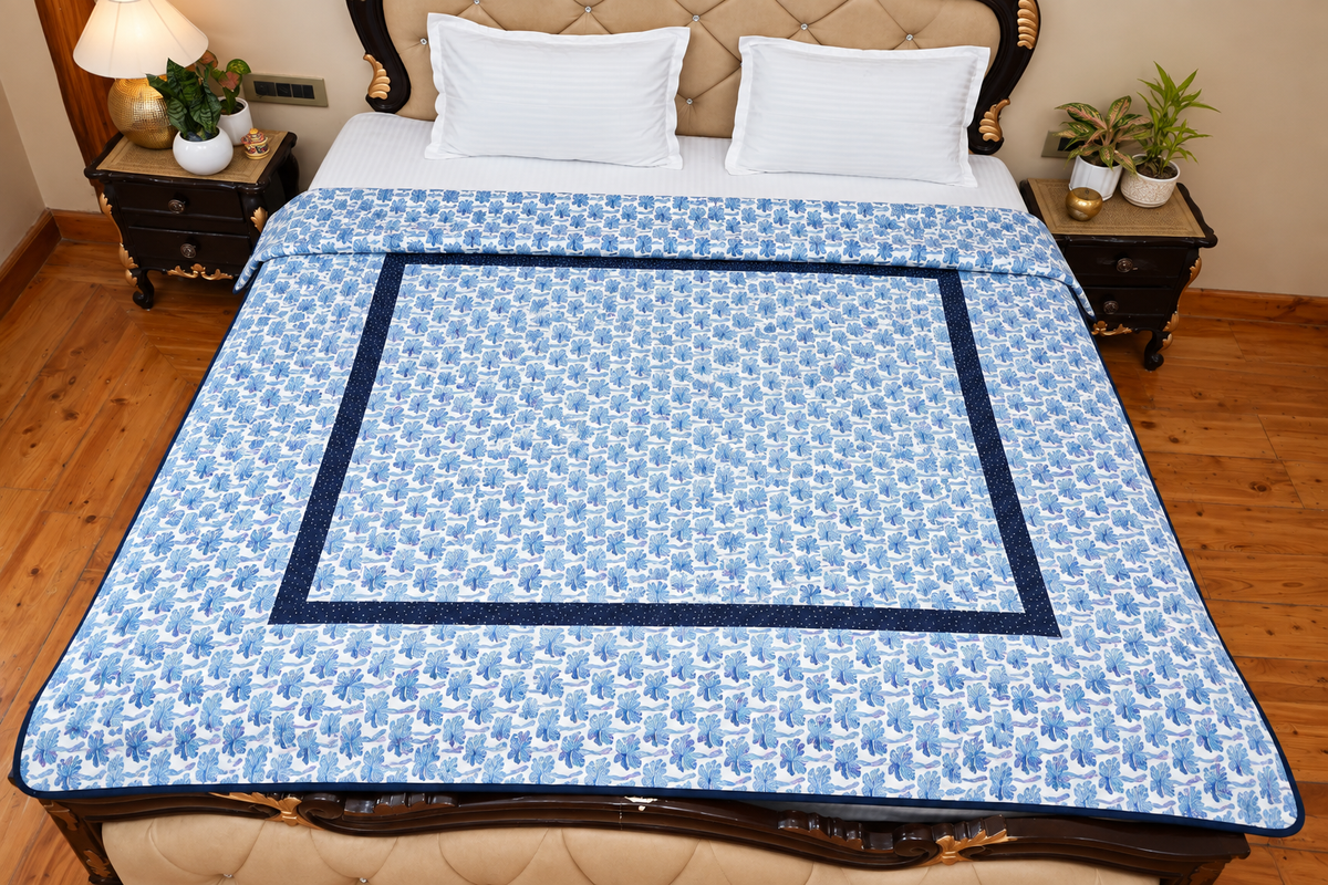 Sky Blue Palm Handcrafted Cotton Quilt